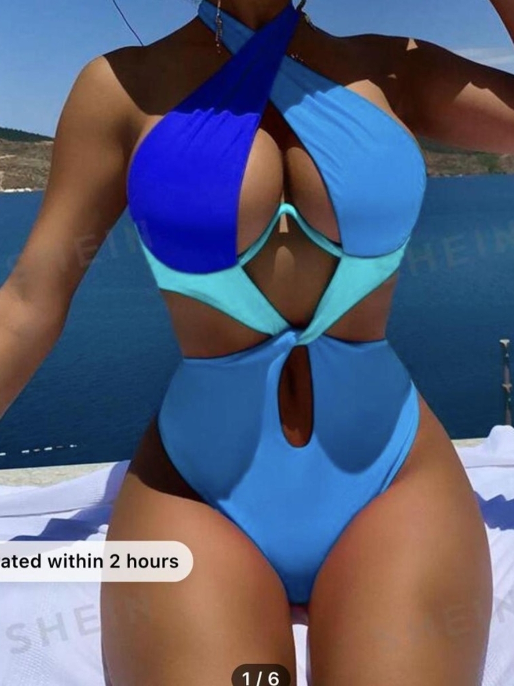 SHEIN Colorblock Cutout One-Piece Swimsuit in Bright Blue and Aqua